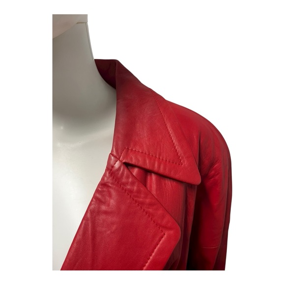 VTG 90s REMY GLAM ROCK Red Soft Leather Midi Belted Trench Coat Womens Medium - Picture 4 of 11